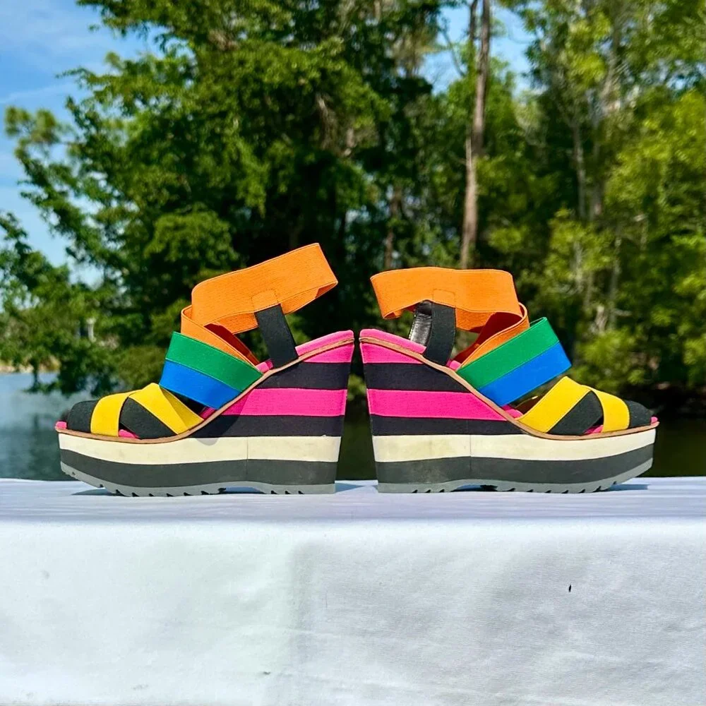 PRADA Peep Toe Platform Multi Strap Multi Color Bandage Slingback Wedge NEW 36